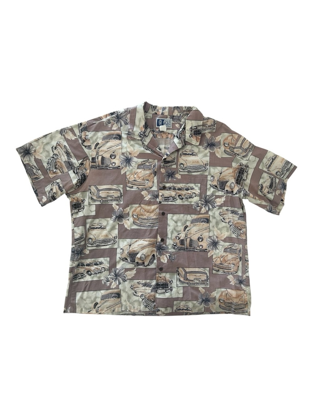 Vintage Beige & Brown Hawaiian Print Men’s Shirt Size 3XL Short Sleeve Retro Car